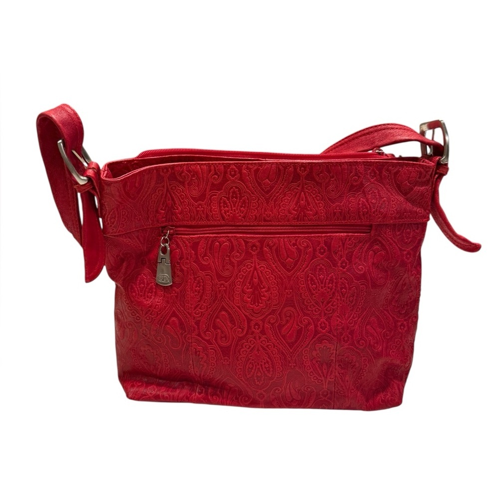 Genuine Leather Red Embossed Paisley Style Shoulder Bag with Adjustable Straps - Picture 3 of 15